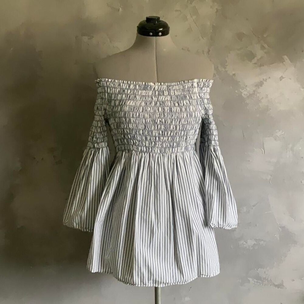 Max Studio Off Shoulder Smocked Stripe Tunic Top Blue White Cotton Size L